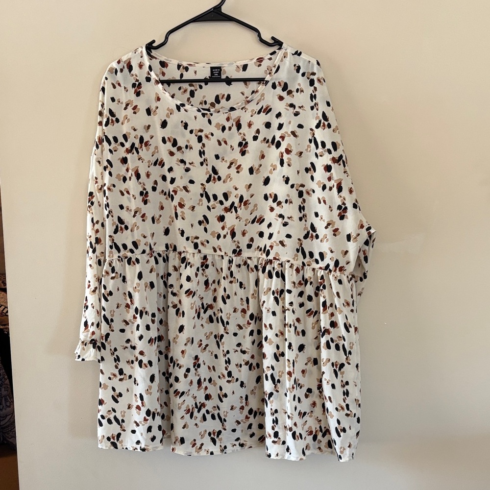 SHEIN White Blouse with Black and Brown Pattern